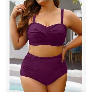 Yonique Twist Front High Waisted Plus Size Swimsuit Two Piece Bathing Suit‎  20W